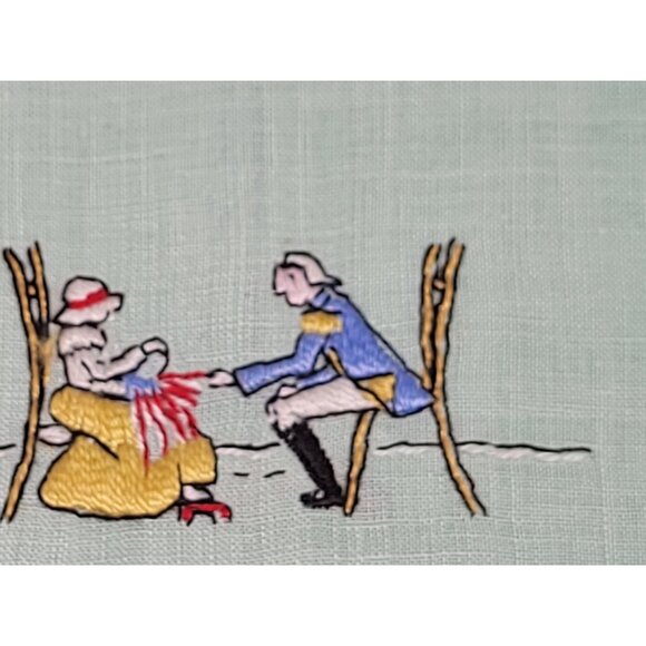 Vintage Linen Tea Towel Fingertip Fringed Embroidered Man Woman Mint Green - Picture 5 of 7